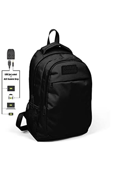 Coral High Kids Siyah-Siyah Üç Bölmeli USB Şarjlı Kulaklık Çıkışlı Sırt Çantası 24312