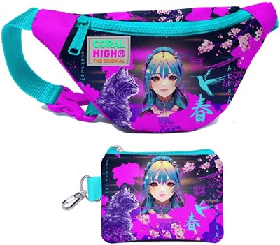 Coral High Kız Çocuk Mor Pembe Anime Kedi Desenli Bel Çantası ve Bozuk Para Cüzdanı Set