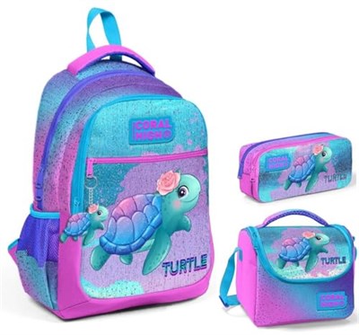 Coral High Kız Çocuk Pembe Mavi Kaplumbağa Üçlü İlkokul Çanta Seti