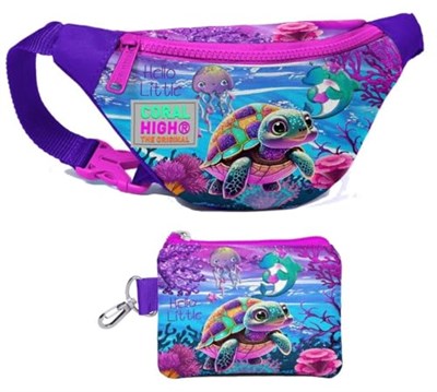 Coral High Kız Çocuk Pembe Mor Kaplumbağa Desenli Bel Çantası ve Bozuk Para Cüzdanı Set