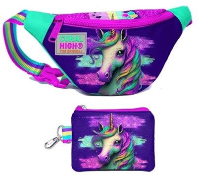 Coral High Kız Çocuk Pembe Su Yeşili Unicorn Desenli Bel Çantası ve Bozuk Para Cüzdanı Set