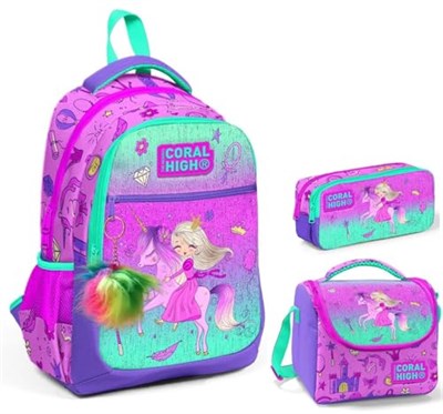 Coral High Kız Çocuk Pembe Yeşil Unicorn ve Prenses Üçlü İlkokul Sırt Çantası Seti