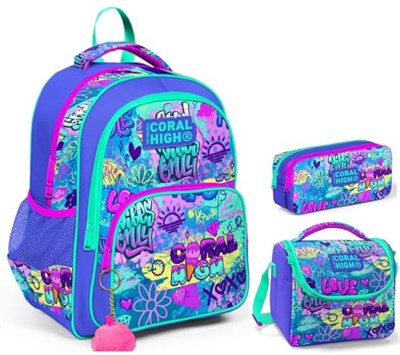 Coral High Lavanta Grafiti Kız Çocuk Üçlü İlkokul Okul Çanta Seti