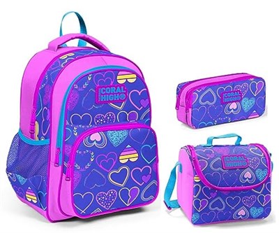 Coral High Mor Kalp Desenli İlkokul Çanta Seti - Kız Çocuk - 3lü Set - 30 x 39 x 15 cm