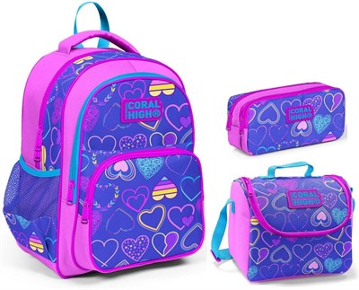 Coral High Mor Kalp Desenli İlkokul Çanta Seti - Kız Çocuk - 3lü Set - 30 x 39 x 15 cm