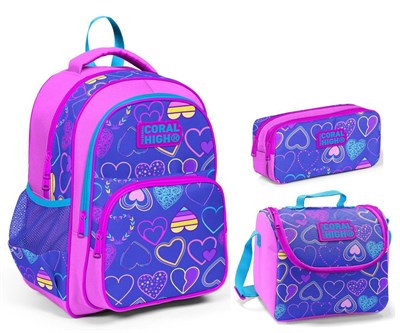 Coral High Mor Kalp Desenli İlkokul Çanta Seti - Kız Çocuk - 3lü Set - 30 x 39 x 15 cm