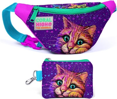 Coral High Mor Kedi Bel Çantası ve Bozuk Para Çantası Seti - Kız Çocuk