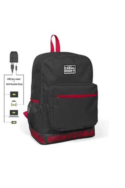 Coral High Nakış Logolu Usb Şarjlı Kulaklık Çıkışlı Koyu Gri Sırt Çantası 24105
