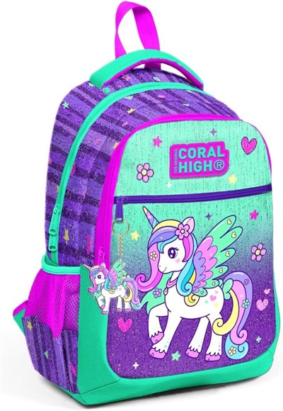 Coral High Okul Çantası Mor Su Yeşili Unicorn Desenli 3lü Set, 234-jk