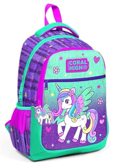 Coral High Okul Çantası Mor Su Yeşili Unicorn Desenli 3lü Set, 234-jk