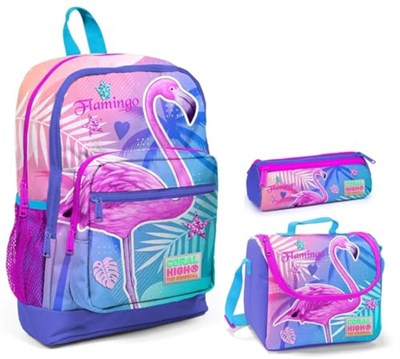 Coral High Pembe Flamingo Kız Çocuk 3lü İlkokul Çanta Seti - Sırt Çantası, Beslenme Çantası ve Kalemlik