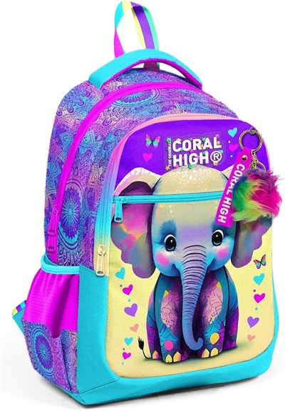 Coral High Pembe Turkuaz Fil Desenli Kız Çocuk İlkokul Çantası ve Günlük Sırt Çantası