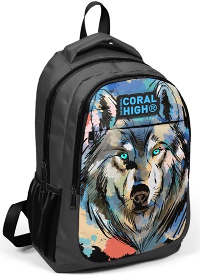 Coral High Siyah Kurt Desenli İlkokul ve Ortaokul Sırt Çantası Üç Bölmeli Erkek Çocuk