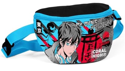 Coral High Siyah Mavi Anime Baskılı Erkek Çocuk Bel Çantası