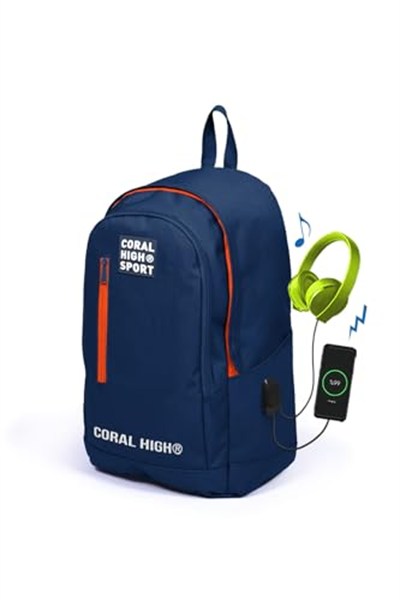 Coral High Sport Lacivert Üç Bölmeli Usb Şarjlı Kulaklık Çıkışlı Sırt Çantası 23232