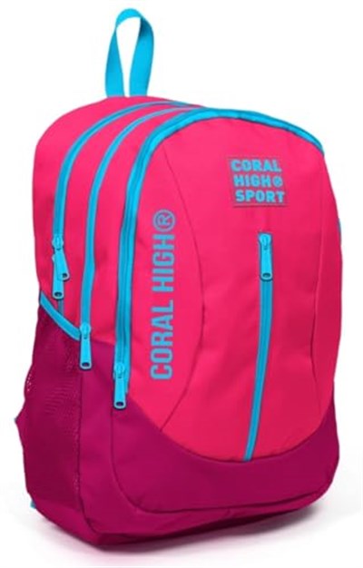 Coral High Sport Pembe Kırmızı Okul ve Günlük Sırt Çantası - Dört Gözlü - USB ve AUX Soketli