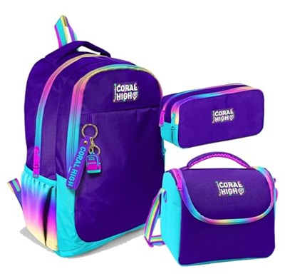 Coral High Üç Gözlü İlkokul ve Ortaokul Çanta Seti - Kız Çocuk - Rainbow Fermuarlı Mor Desenli