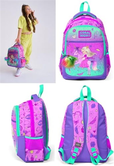Coral High Üç Gözlü Kız Çocuk İlk ve Orta Okul Çantası - Pembe Yeşil Unicorn ve Prenses