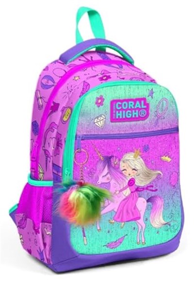 Coral High Üç Gözlü Kız Çocuk İlk ve Orta Okul Çantası - Pembe Yeşil Unicorn ve Prenses