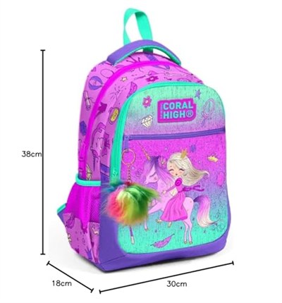 Coral High Üç Gözlü Kız Çocuk İlk ve Orta Okul Çantası - Pembe Yeşil Unicorn ve Prenses