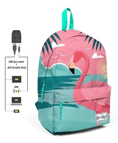 Coral High Yeşil Pembe Flamingo Desenli Sırt Çantası - Okul ve Günlük - USB+AUX Soketli