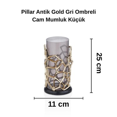 Cornella Pillar Antik Gold Gri Ombreli Cam Mumluk Küçük Ağız :11 Cm X Boy:25 Cm