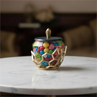 Cornella Pillar Antik Gold Gri Ombreli Cam Kavanoz Küçük Ağız:11 Cm X Boy:15 Cm X Tümü:19 Cm