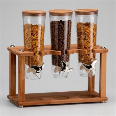 Cornflakes aleti Üçlü Tahıl Dispenseri, Ahşap Standlı, Şeffaf Plastik Konteyner, Gümüş Çevirme Kollu, Mutfak İçin