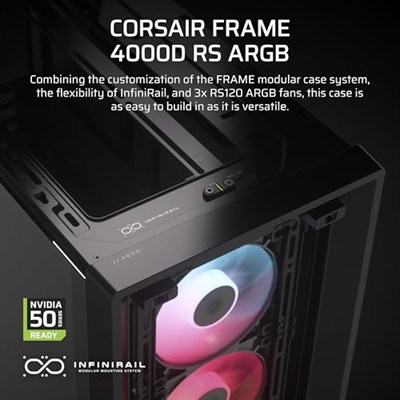 CORSAIR Frame 4000D RS ARGB Modüler Mid-Tower ATX PC Kasası – Yüksek Hava Akışı, 3X Önceden Takılmış RS ARGB Fanlar, InfiniRail™ Fan Montaj Sistemi, ASUS BTF, MSI Project Zero, Gigabyte Project