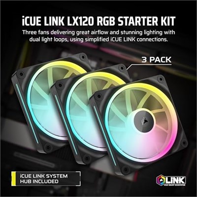 CORSAIR iCUE LINK LX120 RGB 120mm PWM Fanlar Üçlü Paket - Çift Işık Döngüsü - iCUE LINK Sistem Hubı içerir - CORSAIR AirGuide Teknolojisi - Si - Seçenekler: 1 x 120mm, 1 x 140mm, 2 x 140mm, 3 x 120mm