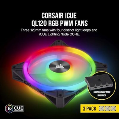 Corsair QL Serisi, iCUE QL120 RGB, 120mm, PWM, Lighting Node CORE RGB Kontrolcü Dahil, RGB Fan, 3lü Paket (CO-9050098-WW)