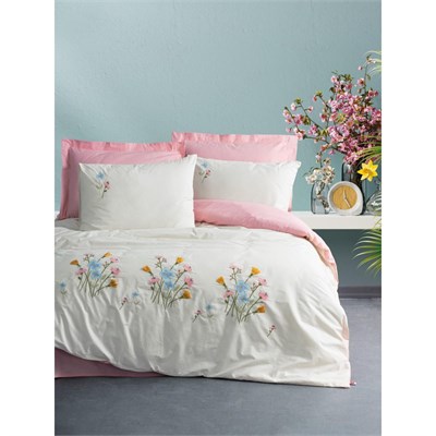Cotton Box Nakışlı Ranforce Çift Kişilik Nevresim Takımı Delbin Pembe