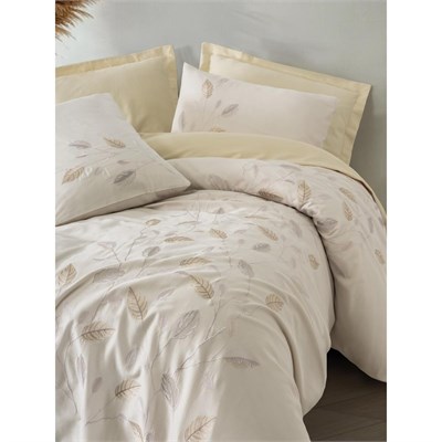 Cotton Box Nakışlı Saten Çift Kişilik Nevresim Takımı Blade Bej