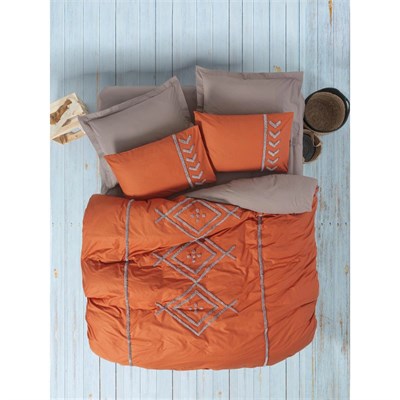 Cotton Box Puff Nakışlı Çift Kişilik Nevresim Takımı Liya Kiremit-bej