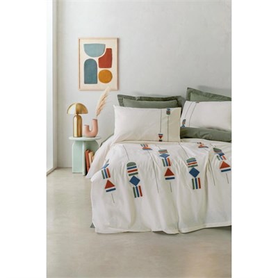 Cotton Box Puff Nakışlı Çift Kişilik Nevresim Takımı Verdara Haki