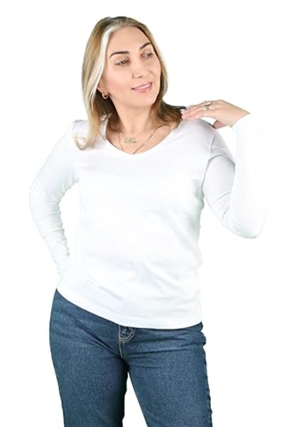 Cotton V Yaka Uzun Kollu Tişört Beyaz 3XL