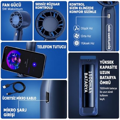 Coverzone Taşınabilir Mini USB Şarj Edilebilir El Vantilatörü, Cep Telefonu Tutucu, 3 Ayarlanabilir Hız, Hafif Tasarım, Düşük Gürültü ve İç ve Dış Mekan Kullanımına Uygun Kolay Taşınabilirlik Fs-22