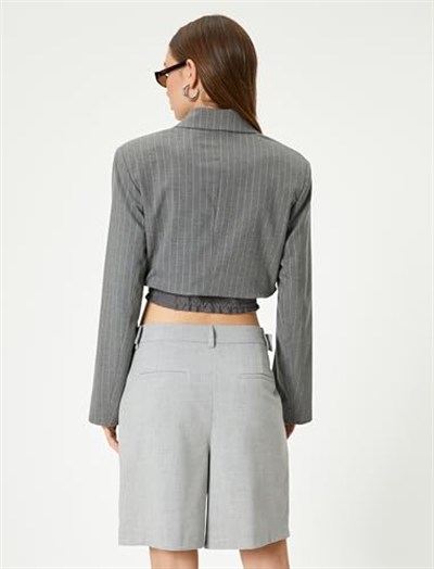 Crop Blazer Ceket Bel Detaylı Bağlamalı Kruvaze