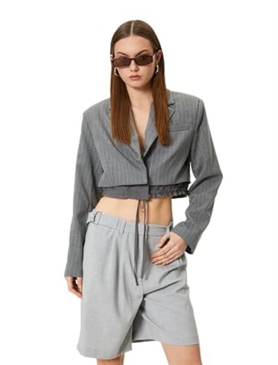 Crop Blazer Ceket Bel Detaylı Bağlamalı Kruvaze