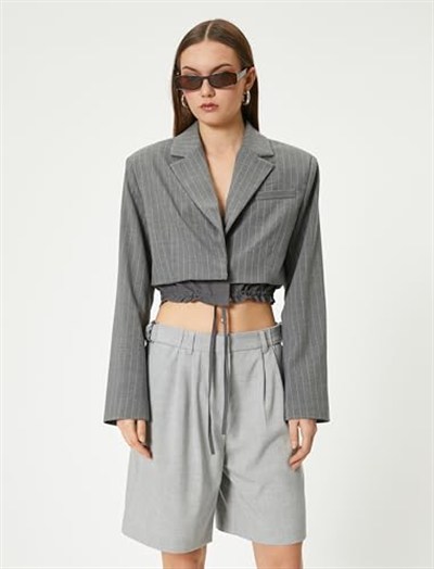 Crop Blazer Ceket Bel Detaylı Bağlamalı Kruvaze