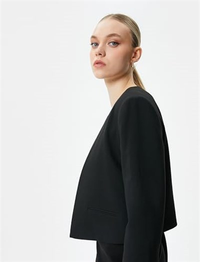 Crop Blazer Ceket Yakasız Cepli
