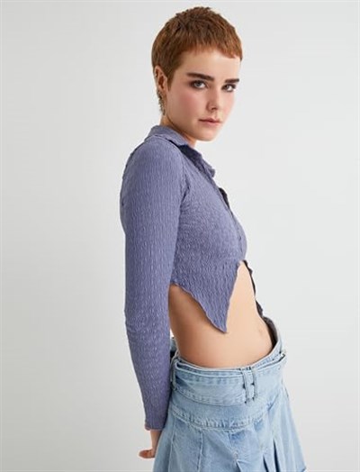 Crop Bluz Asimetrik Kesim Dokulu Slim Fit Uzun Kollu Gömlek Yaka Bürümcük
