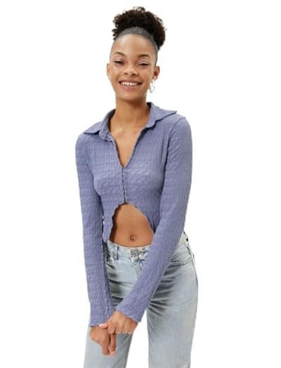 Crop Bluz Asimetrik Kesim Dokulu Slim Fit Uzun Kollu Gömlek Yaka Bürümcük