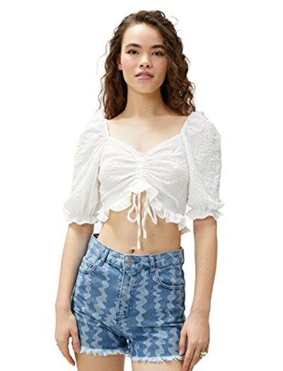 Crop Bluz Balon Kollu Büzgülü Fırfırlı