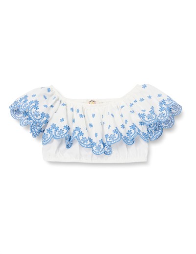Crop Bluz Düşük Omuz Fırfırlı Katlı Floral Desenli Pamuklu
