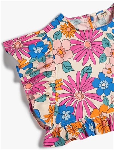 Crop Bluz Fırfır Detaylı Bisiklet Yaka Pamuklu