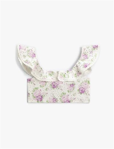 Crop Bluz Fistolu Çiçek Desenli Fırfırlı