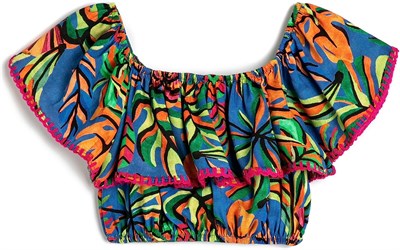 Crop Bluz Kolsuz Açık Omuz Fırfırlı Floral Desenli