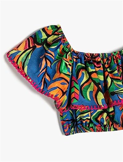Crop Bluz Kolsuz Açık Omuz Fırfırlı Floral Desenli