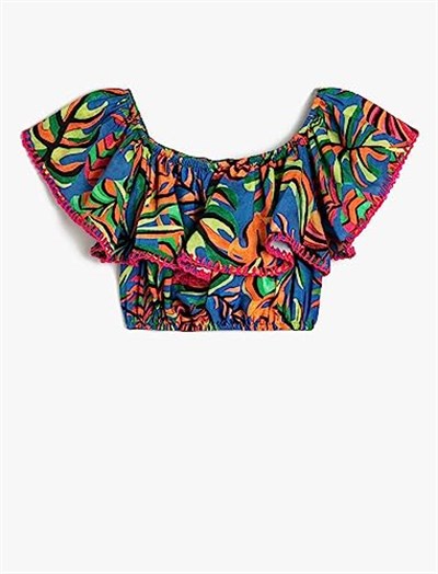 Crop Bluz Kolsuz Açık Omuz Fırfırlı Floral Desenli
